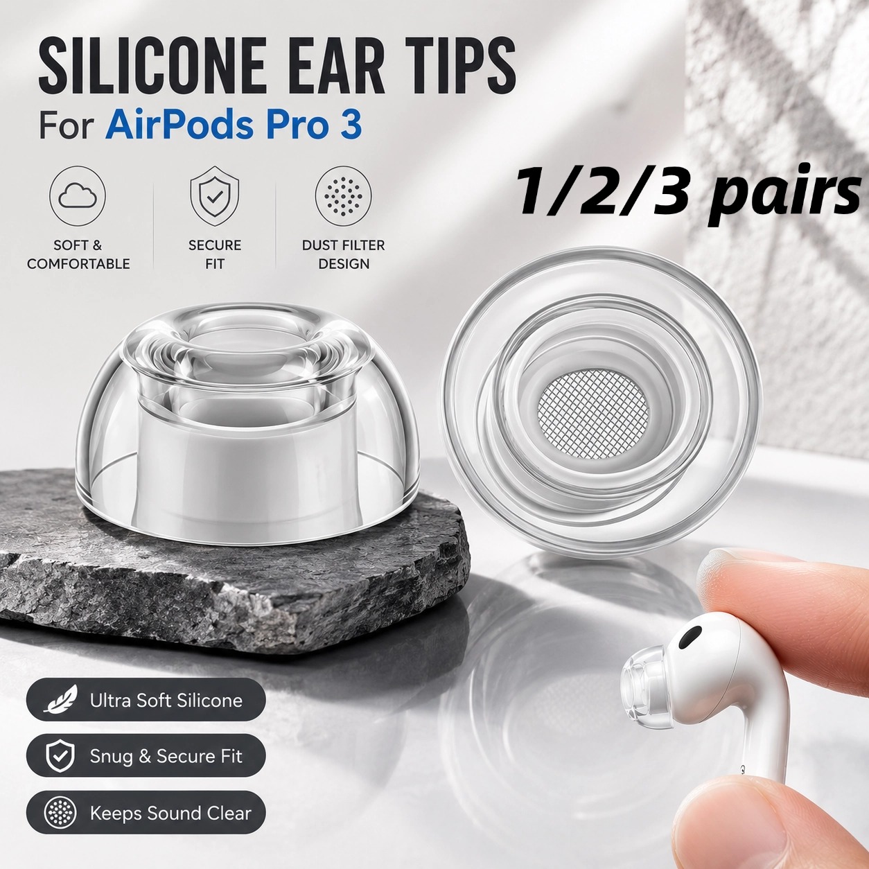 1/2/3 ペアの透明な液体シリコンイヤーチップ AirPo - Silicone Ear Tip Replacement のレビューと価格